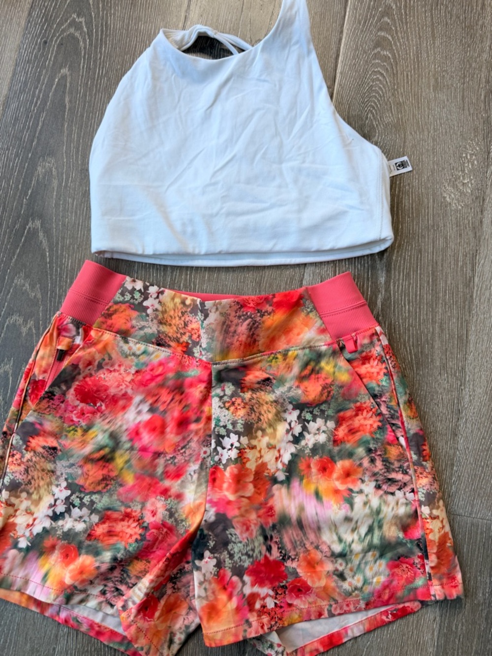 Athleta Cream Shorts with Coral Waistband